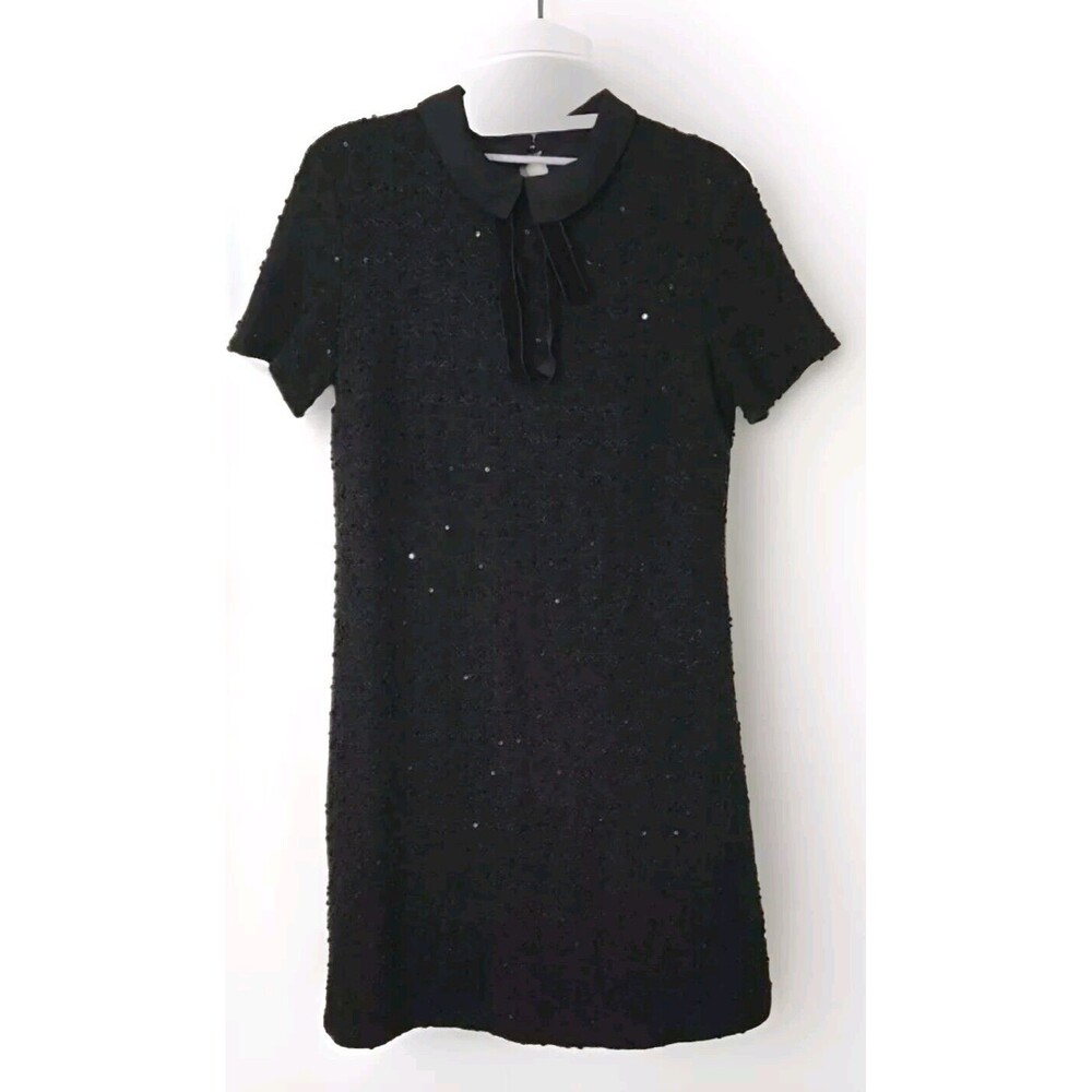 Black Dress Sequin Short Sleeve Peter Pan Collar Holiday Elle Size M Wom…